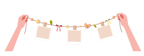 两只手抓着一根绳子装饰着空白的宝丽来照片和可爱的装饰模板平面矢量插图。一组单手的图片让人想起很多孤立的背景记忆。图片下载