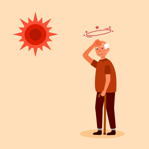 在公寓的设计中，由于强烈的阳光，老人会感到炎热和出汗脱水。夏天气候炎热。图片下载