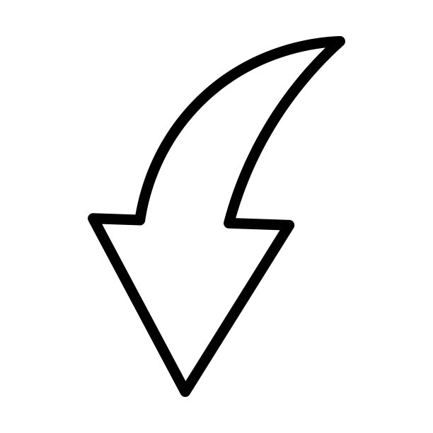 弯曲向下箭头图标从用户界面集合。细线弯曲向下箭头，指针，光标轮廓图标孤立在白色背景上。直线向量向下弯曲箭头符号，符号。图片下载