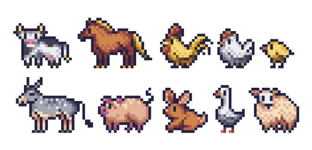 农场动物像素艺术图标集。国内农村宠物:马，牛，鸡，兔子，羊，猪标志收藏。图片下载