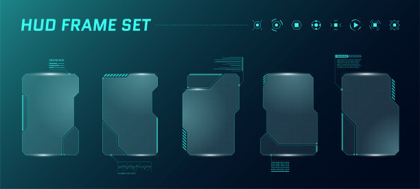 HUD数字未来用户界面方框集。科幻的高科技屏幕。游戏菜单触摸监控仪表盘面板。网络空间平视显示技术信息标志概念图片下载