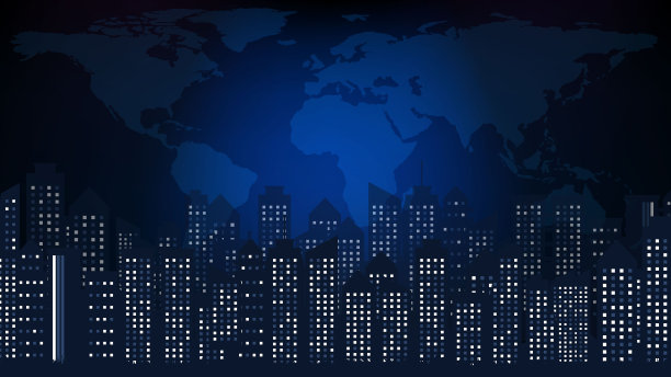 蓝色建筑背景和世界地图图片下载