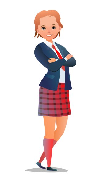 漂亮的小女生。穿着格子裙的活泼女生。站立姿势。卡通平面设计在漫画风格。单个的字符。插图孤立在白色背景上。向量图片下载