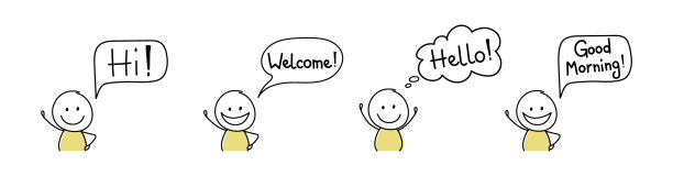 笑脸的手绘字符与问候-欢迎，你好，嗨，早上好。向量图片下载