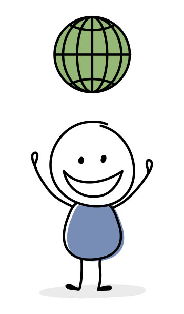 Happy stickman with global internet web symbol。向量图片下载