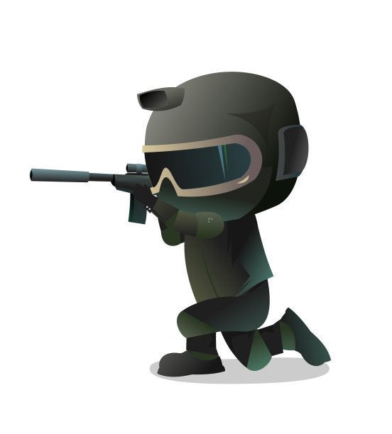 特种部队战士瞄准目标。滑稽有趣的性格。头盔，面罩和制服。孤立的白色背景。向量图片下载