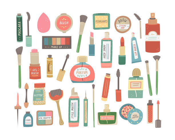 矢量集插图的装饰化妆品。护理和化妆产品。图片下载