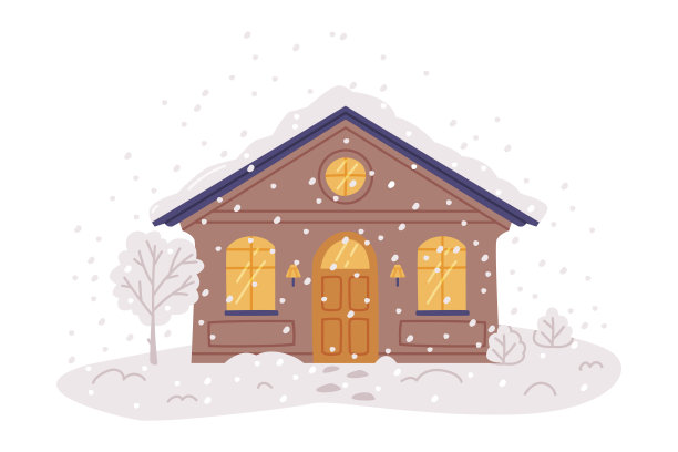冬天的房子和乡村小屋，屋顶覆盖着雪和树在院子矢量图图片下载