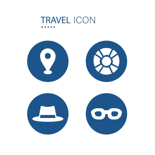 符号签到位置，橡胶戒指，帽子和太阳镜图标在蓝色圆圈形状孤立在白色背景上。旅行图标矢量插图。图片下载