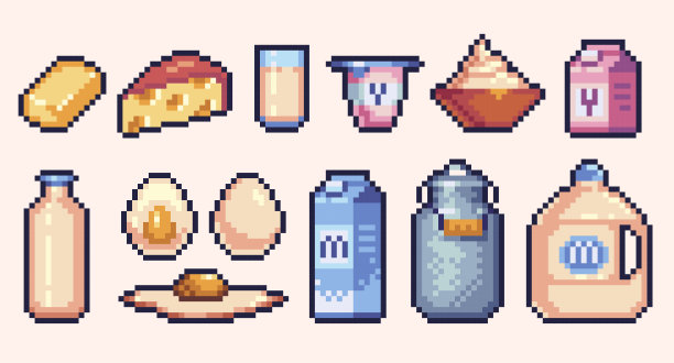 奶制品像素艺术图标集。动物生产标志收集。图片下载