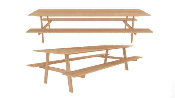 白色背景上的长木桌和椅子，侧视图，3d渲染图片下载