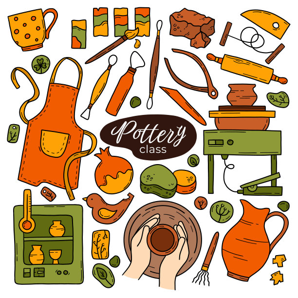 陶艺班和陶艺工作室矢量集涂鸦图标图片下载
