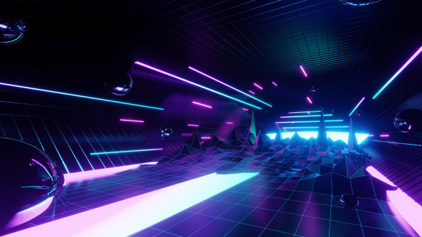 三维抽象霓虹灯背景，多边形结构的几何背景，网络空间虚拟现实，展示产品的讲台，展示产品的场所，彩色霓虹灯，复古科幻风格图片下载