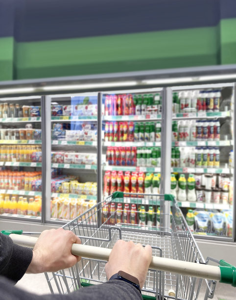 男子在超市挑选乳制品。图片下载