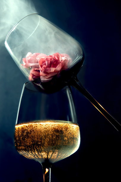 两个酒杯靠在一起。底杯装白色起泡酒。玫瑰在玻璃中冒烟。黑色背景图片下载
