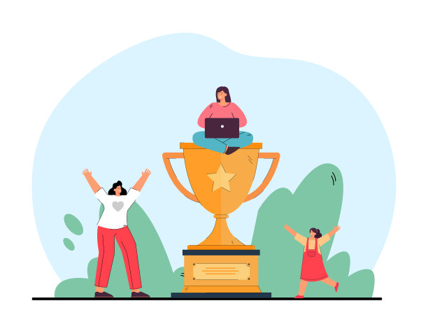 卡通妈妈拿着笔记本电脑坐在巨大的奖杯上图片下载