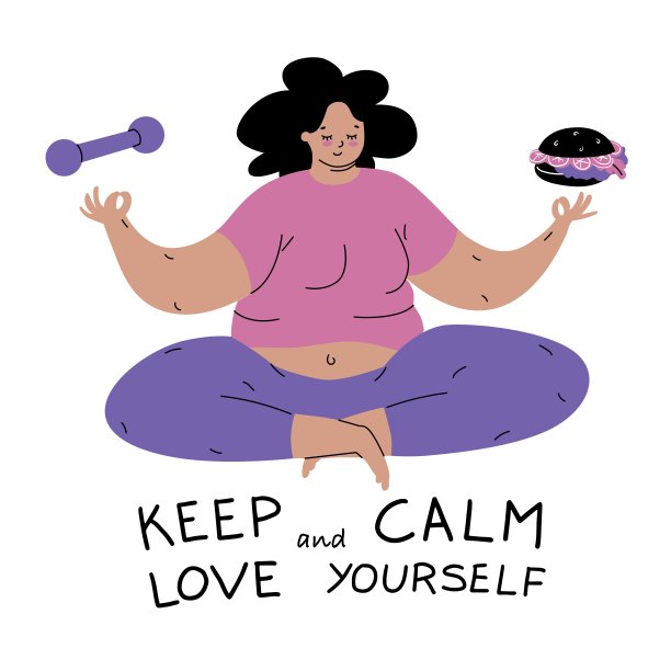 一名女子以莲花坐姿冥想。哑铃和汉堡包之间的选择。保持冷静，爱自己。身体积极或羞愧。孤立。平面风格在矢量插图。图片下载