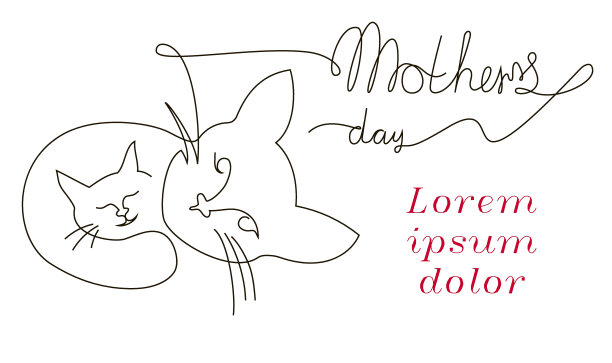 小猫抱着小猫，小猫旁边写着母亲节的字样。明信片。母亲的爱。一条线风格矢量插图孤立在白色背景。有一个地方可以放你的课本。图片下载