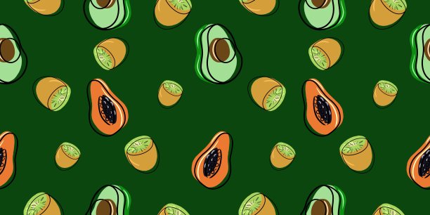 无缝水平图案，黑色背景上的奇异水果，鳄梨片，猕猴桃，卡通风格图片下载