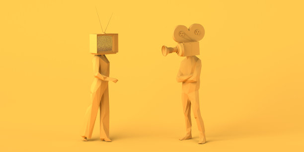 男人不用脑袋用摄像机录像，女人不用脑袋用电视。多媒体新闻。大众媒体。3 d演示。副本的空间。图片下载