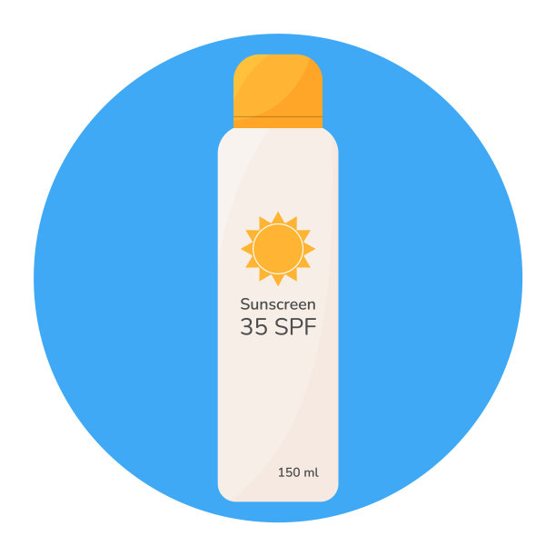 SPF防晒喷雾矢量平面图标。卡通风格的防晒霜护肤化妆品瓶孤立在圆形蓝色背景上。spf35防紫外线防晒霜，用于安全的日光浴设计装饰元素贴纸图片下载
