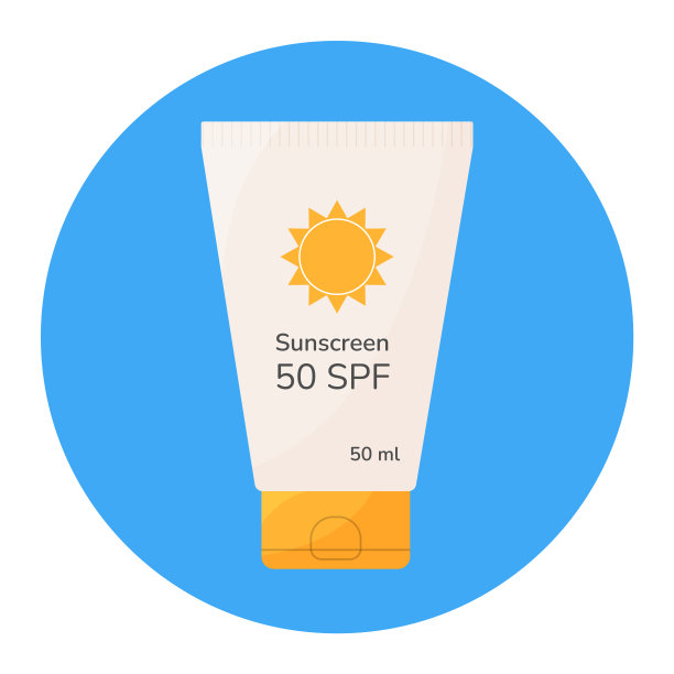 SPF防晒乳瓶平面图标。卡通风格的夏日防晒护肤美容化妆品。针对敏感皮肤的防晒乳液。明亮多彩的平面矢量插图。图片下载