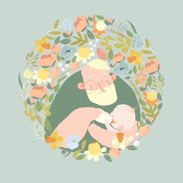 卡通父亲用花丛中的奶瓶喂婴儿图片下载