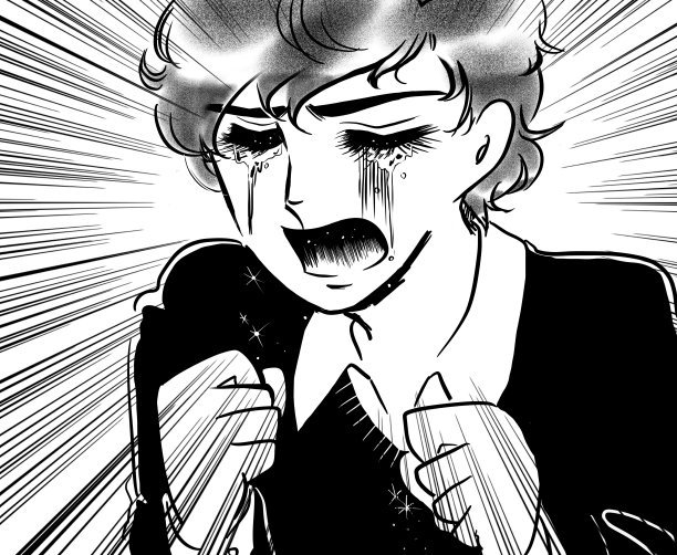 插图的一个美丽的男孩黑发和自然烫发谁是心碎和哭了很多，在一个70年代的少女漫画的风格。图片下载