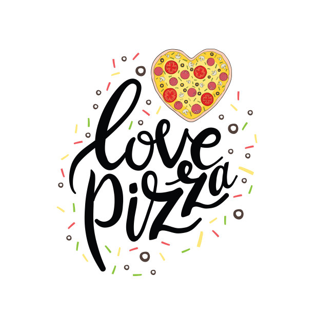 可爱的爱情贺卡，用五颜六色的书法，文字，涂鸦和爱心。我爱你胜过披萨。手绘矢量浪漫的艺术插图在卡通风格图片下载