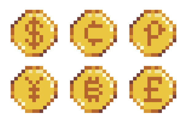 不同货币硬币像素艺术图标集。比特币，欧元，日元，美元，英镑标志收藏。图片下载