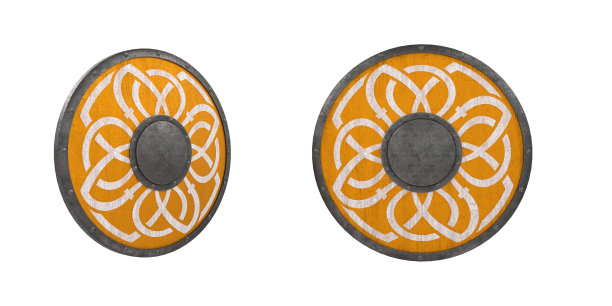 中世纪维京人的盾涂上黄色和白色图案。3D渲染孤立在白色上。图片下载