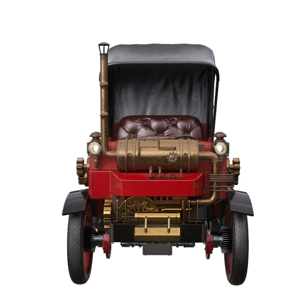 由蒸汽机驱动的梦幻蒸汽朋克汽车的前视图。3D插图孤立在白色。图片下载