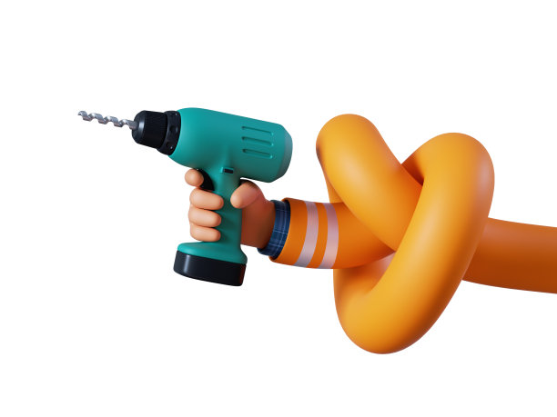 3d渲染，灵活打结卡通人手握绿色电钻。专业施工人员和设备。施工工具。翻新服务夹艺术孤立在白色背景上图片下载