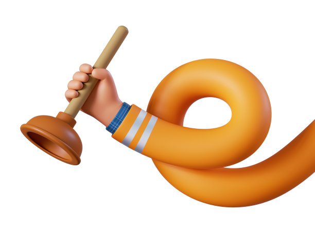 3d渲染，灵活的螺旋卡通高加索人手握柱塞。专业的水管工。厕所清洁服务剪辑艺术孤立在白色背景图片下载