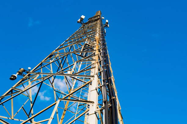 通信塔的垂直视图，显示已安装的多业务电信设备，包括微波和5G蜂窝中继器。图片下载