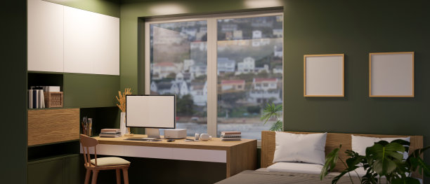 现代豪华公寓卧室内部配有电脑桌图片下载