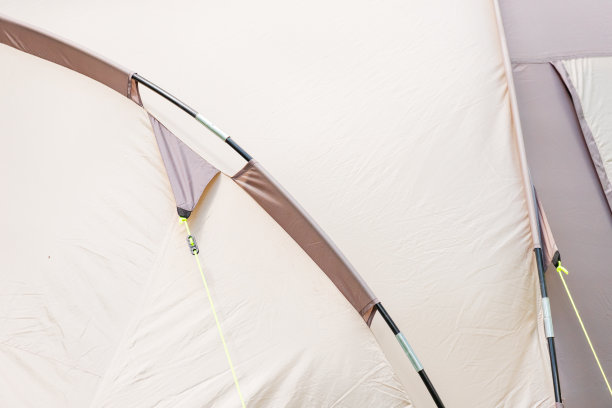 近距离的细节，一个帐篷安装在一个茂密的森林在营地。周末活动和徒步旅行或徒步旅行装备和设备图片下载
