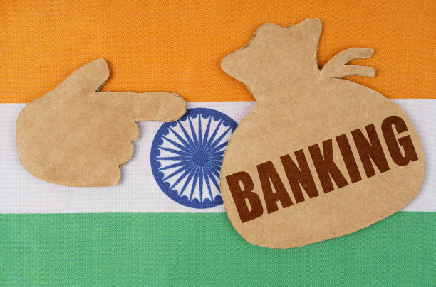 印度国旗上有一只手和一个钱袋的纸板图案，上面写着“银行业务”图片下载