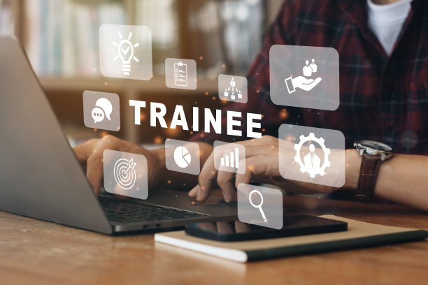 在电脑上工作的人，图标为培训生计划和在职培训学习。图片下载