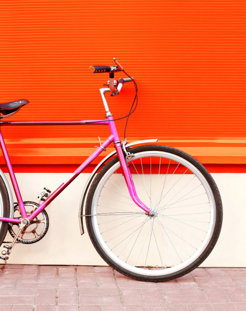 彩色形象复古粉色自行车站在生动的背景城市图片下载
