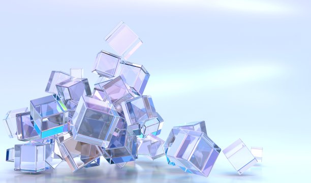 抽象几何背景与成堆的晶体立方体或块和紫色折射光棱镜。清晰的方形盒子色散效果和色梯度纹理，现代的3d壁纸图片下载