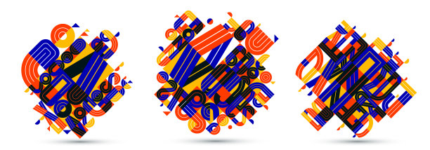 抽象几何构图矢量设计集，彩色抽象孤立于白色，现代风格图形插图艺术收藏。图片下载