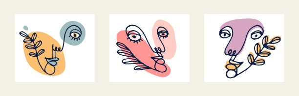 抽象脸女孩矢量肖像集，抽象艺术女性头部，手绘最小现代艺术品，绘画人类面部抽象。图片下载
