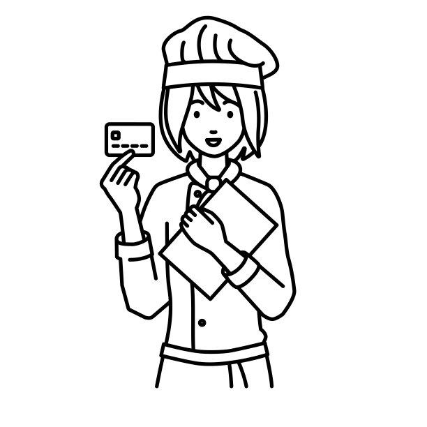 一个女厨师拿着一张信用卡和一个文件笔记本电脑图片下载