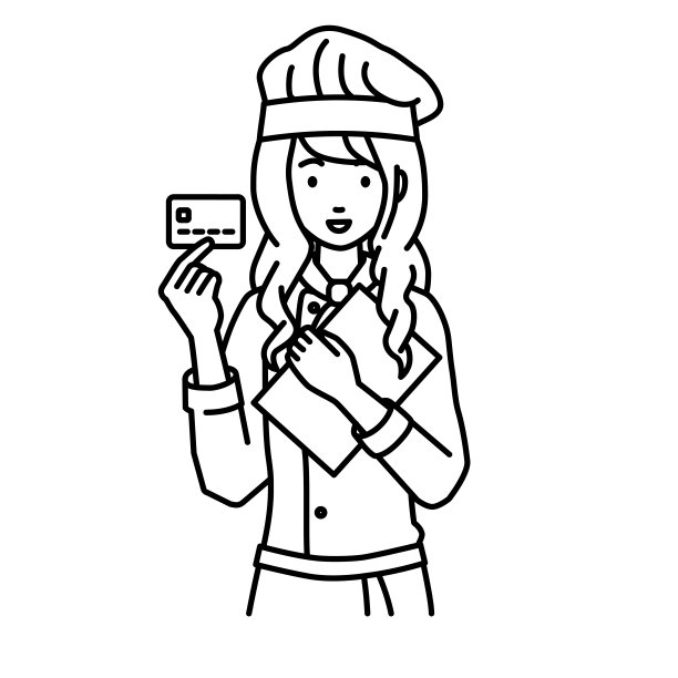 一个女厨师拿着一张信用卡和一个文件笔记本电脑图片下载