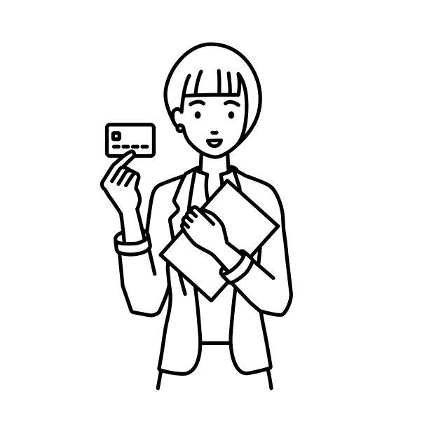 一个穿着工作服的女人拿着一张信用卡和一台装有文件的笔记本电脑图片下载