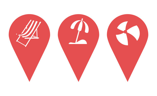 地图上的位置图标。指针与海滩配件的图像。一套别针指向海滩，海滩店。图片下载