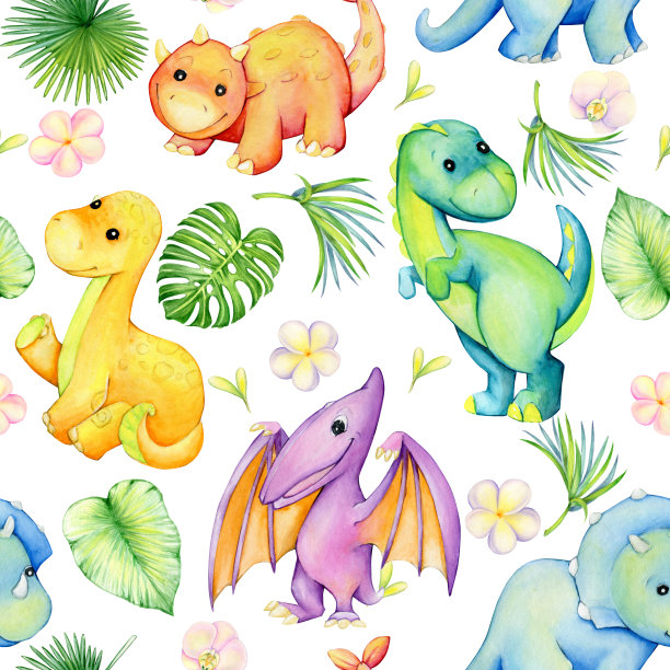 可爱，多彩的恐龙，卡通风格。水彩无缝图案，在一个孤立的背景。图片下载