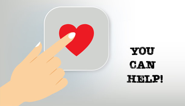 短信——你可以帮忙。手，手指按下按钮。浅灰色背景上圆形应用程序按钮的轮廓与红色的心。图片下载