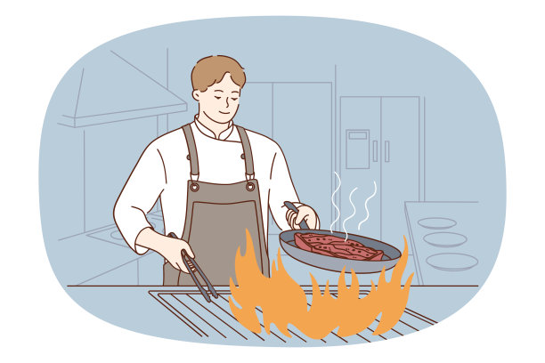 男厨师在餐厅烧肉图片下载